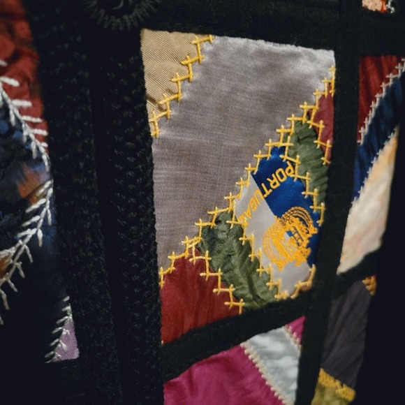 Crazy quilt cardigan sweater handmade art to wear oversized M Tobacco silks - Picture 6 of 10